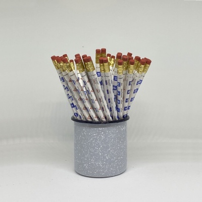 Lápis brancos com borrachas vermelhas em porta-lápis cinza granulado