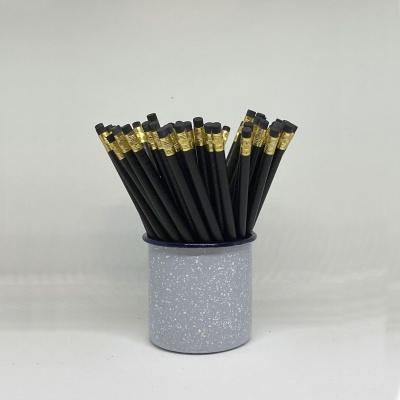 Lápis pretos com borrachas e suporte cinzento pontilhado