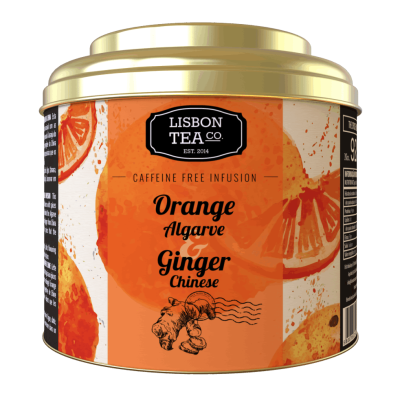 Lata metálica dourada de chá Lisbon Tea Co. com design laranja e ilustrações de laranja e gengibre.