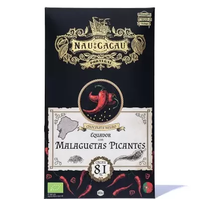 Barra de chocolate negro 81% cacau com malaguetas em embalagem preta