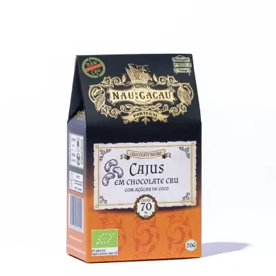 Embalagem Naugacau cajus em chocolate cru com açúcar de coco 70% cacau