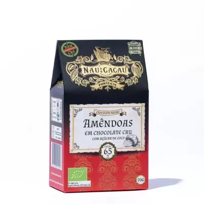 Pacote de amêndoas em chocolate cru Naugacau preto e vermelho