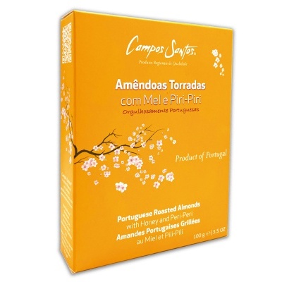 Caixa amarela de amêndoas torradas com mel e Piri-Piri da marca Campos Santos