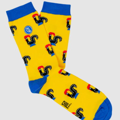 Meias amarelas com aves pretas, punhos azuis e texto CHULÉ.