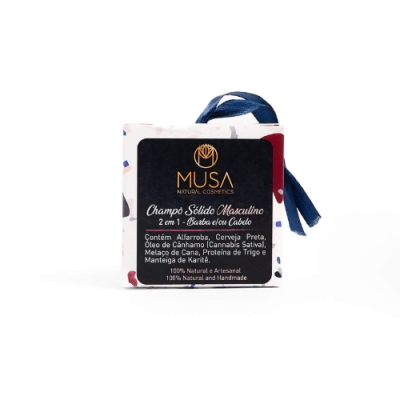 Barra sólida para champô masculino MUSA em embalagem branca com padrão e texto preto