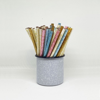 Conjunto de palhinhas coloridas em suporte cinzento sobre fundo branco.