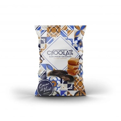 Embalagem de chocolate Caramelo Salgado com padrão geométrico colorido