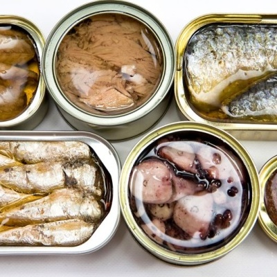 Seis latas abertas de conservas de peixe com diferentes tipos de peixe e texturas