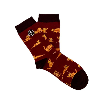 Meias castanhas com padrão de tigres amarelos e logótipos 'CB' e 'CHULE'