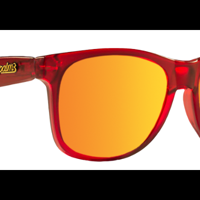 Óculos de sol vermelhos com lentes laranja espelhadas e inscrição palm3 na haste