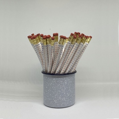 Lápis brancos com borrachas vermelhas em suporte cinzento