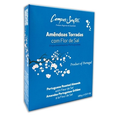 Embalagem azul de amêndoas torradas com flor de sal Campos Santos