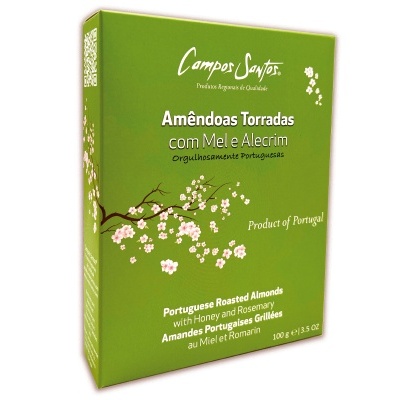 Embalagem verde de amêndoas torradas com mel e alecrim da Campos Santos com ilustração floral