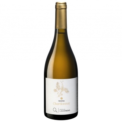 Garrafa de vinho branco Reserva Chardonnay Lalagandino com rótulo branco e tampa dourada