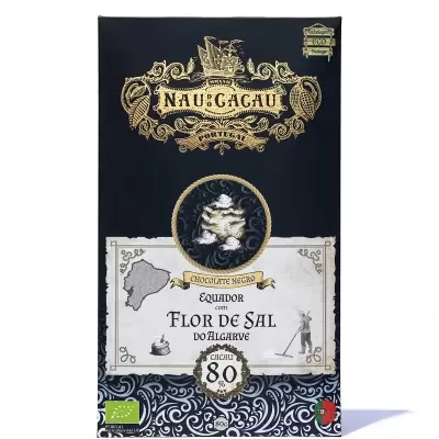 Embalagem de chocolate negro NAU do CACAU 80% cacau Flor de Sal do Algarve