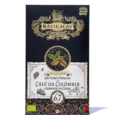 Barra de chocolate negro NAU do CACAU 67% cacau com café da Colômbia e sementes de cacau
