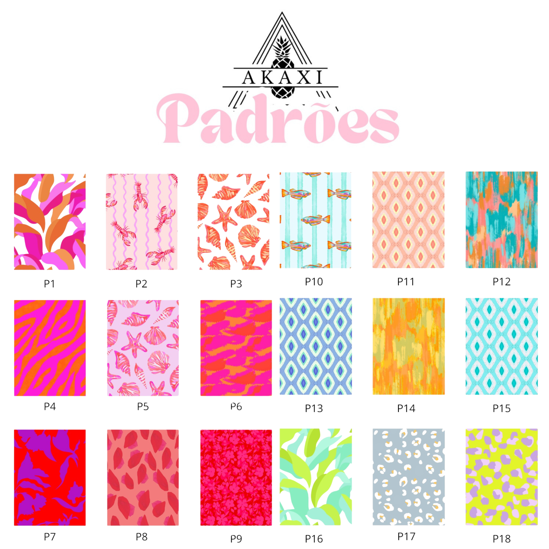 Biquíni Personalizado Logotipo AKAXI Ananás com a palavra Padrões e 18 amostras de padrões coloridos diversos