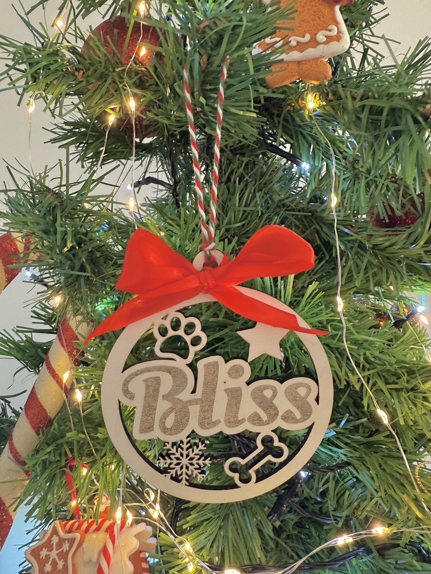 Bola de Natal com nome Enfeite de Natal em madeira com a palavra Bliss e elementos decorativos pendurado em árvore verde com luzes