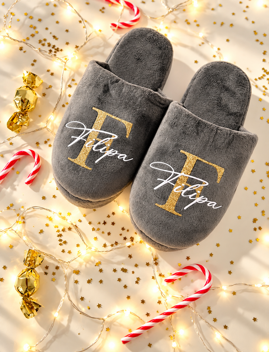 Pantufas Cinza Chinelos cinzentos com letra dourada F e nome Filipa, decoração natalícia