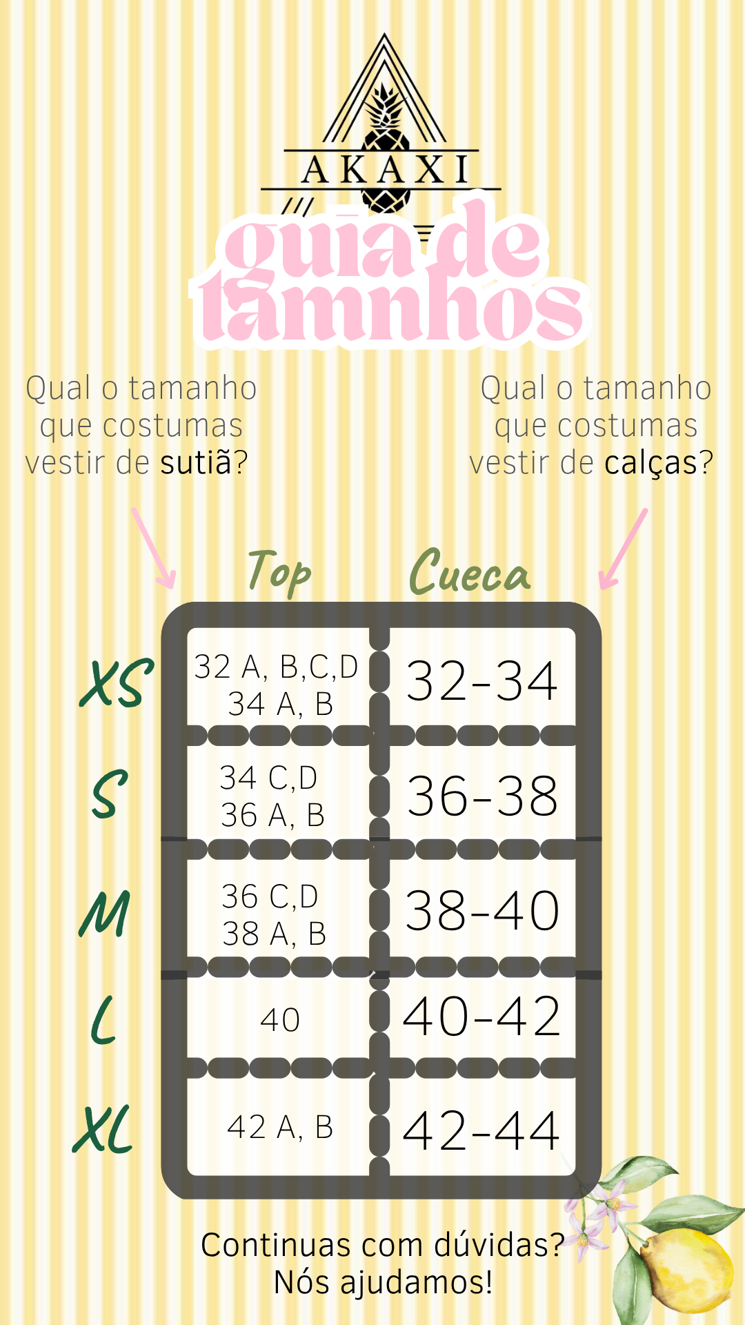 Biquíni Personalizado Guia de tamanhos AKAXI para tops e cuecas com fundo amarelo às riscas e um abacaxi no topo.