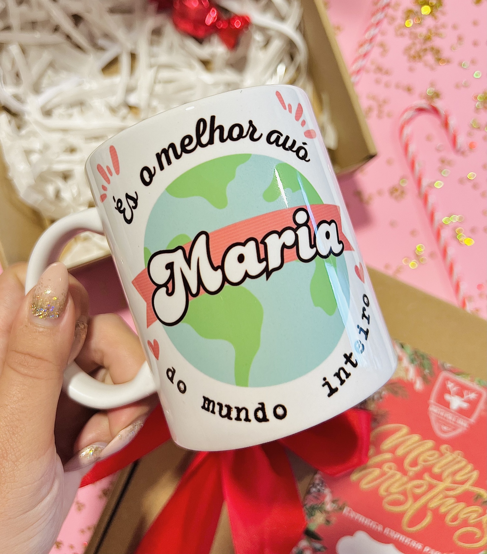Box Caneca Mundo Caneca personalizada com texto para avô e desenho do globo terrestre