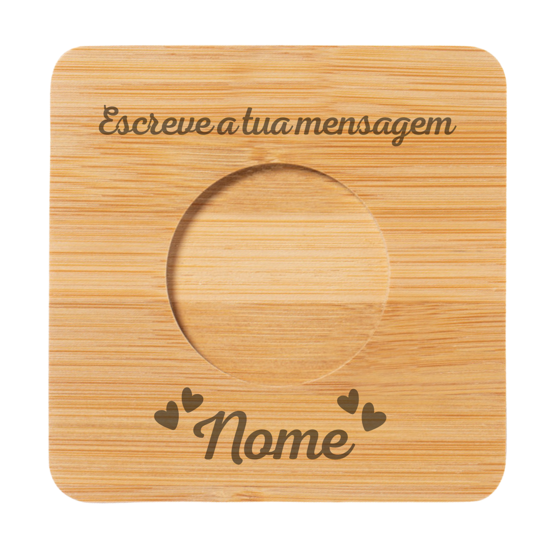 Chávena de Café Prato quadrado de madeira com mensagem personalizada gravada