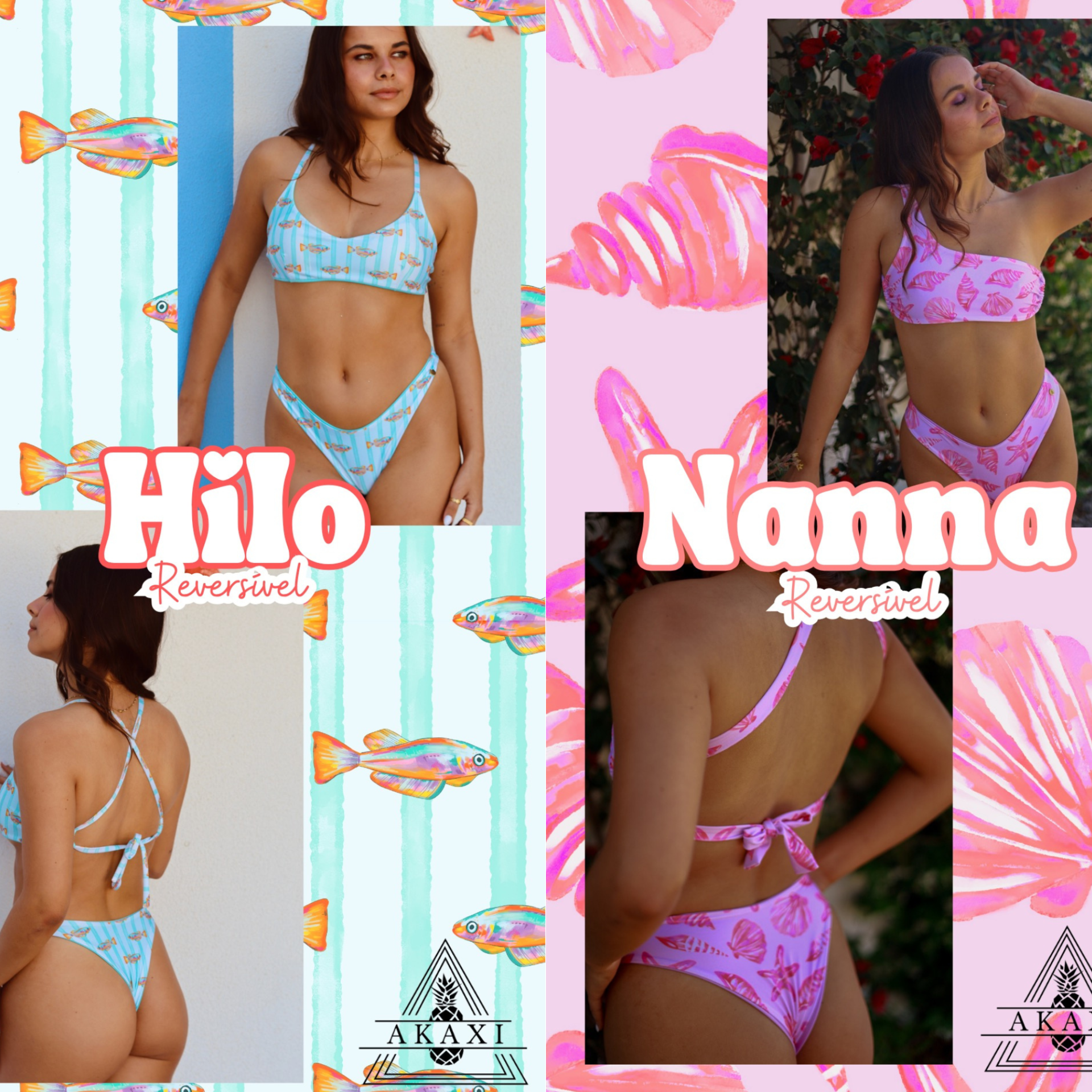 Biquíni Personalizado Duas mulheres com biquínis reversíveis AKAXI, azul com peixes e rosa com conchas