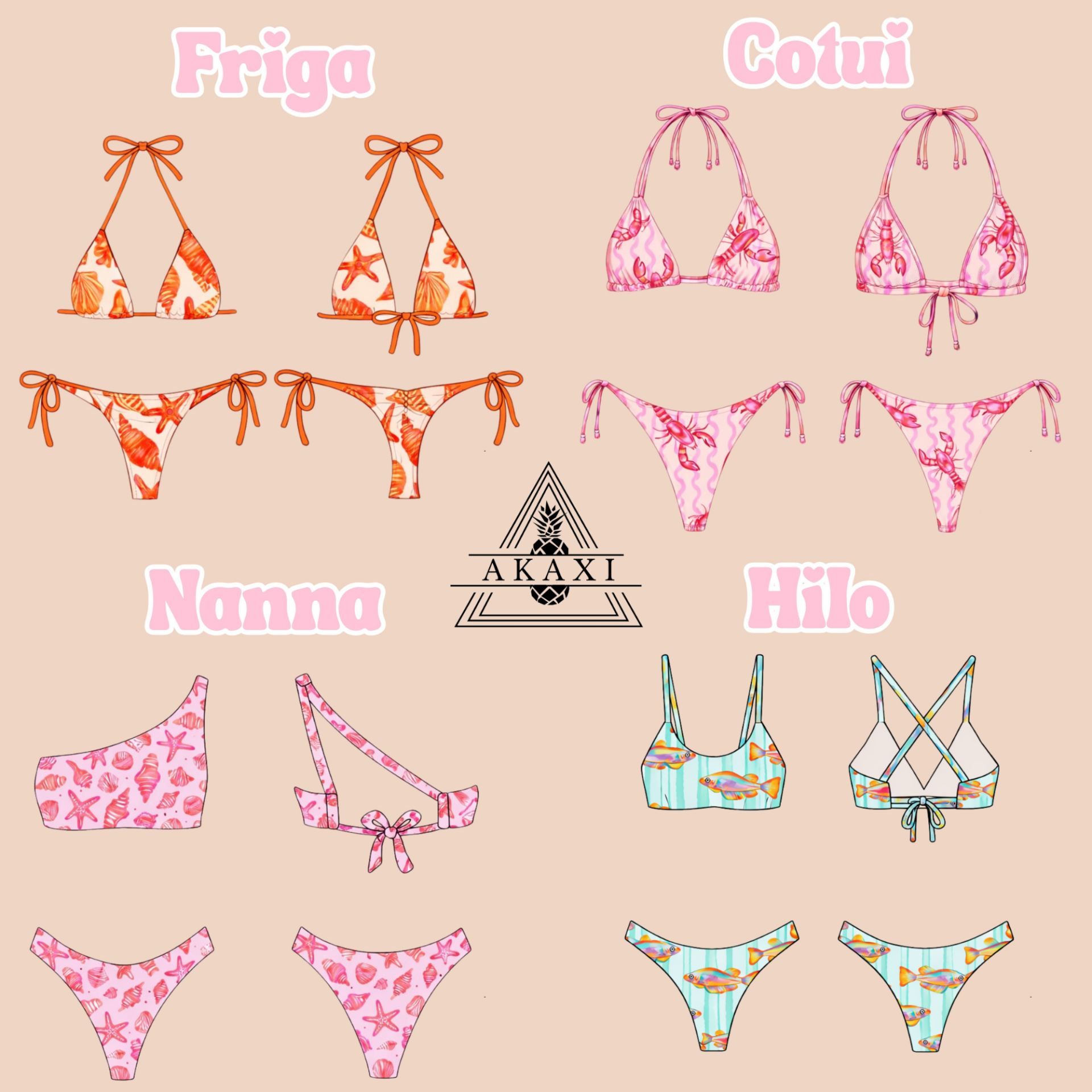 Biquíni Personalizado Bikinis coloridos com padrões de conchas, estrelas do mar, lagostas e peixes em diferentes modelos
