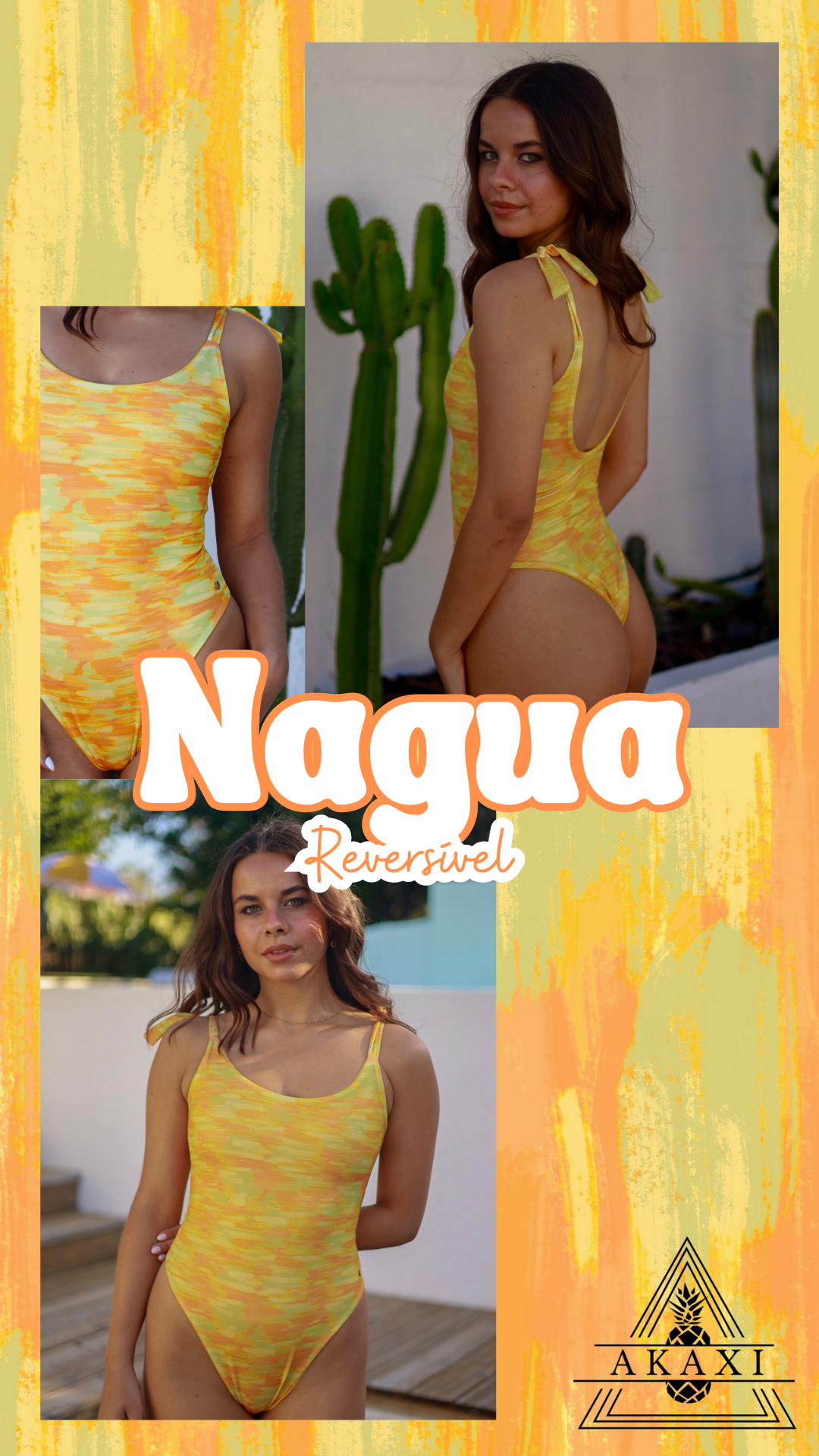 Fato de banho personalizado Fato de banho reversível amarelo e laranja com padrão abstracto