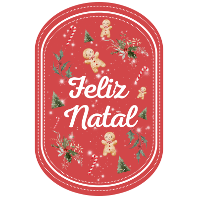 Etiqueta vermelha com texto Feliz Natal e desenhos de Natal