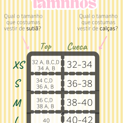 Guia de tamanhos AKAXI para tops e cuecas com fundo amarelo às riscas e um abacaxi no topo.