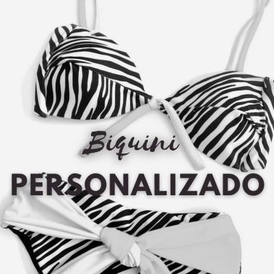Biquíni personalizado preto e branco com padrão de zebras, alças de amarrar e nó na parte inferior