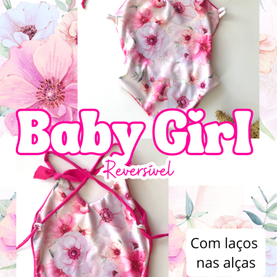 Fato de banho reversível floral para menina com laços rosas nas alças