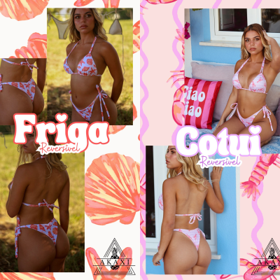 Conjuntos reversíveis de bikini floral em branco, rosa, vermelho e laranja com modelo feminino em exterior e varanda
