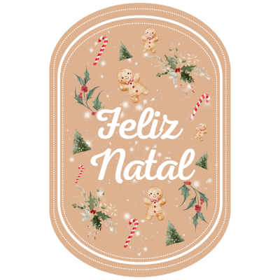 Etiqueta oval marrom claro com texto Feliz Natal e ilustrações de Natal