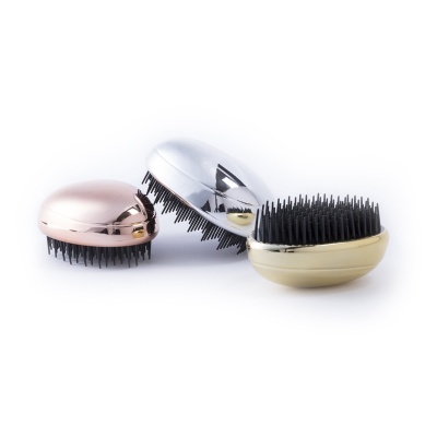Escovas de cabelo compactas ovaladas coloridas em dourado, prateado e rosa dourado