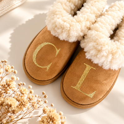 Chinelos de estar castanho claro com interior felpudo branco e letras douradas C e L