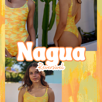 Fato de banho reversível amarelo e laranja com padrão abstracto