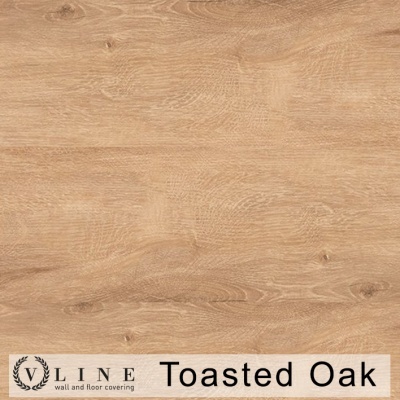 Amostra de pavimento revestimento madeira cor castanho claro com texto Toasted Oak e logotipo V Line