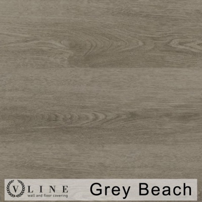 Amostra de revestimento cinza claro com textura de madeira, etiquetado como Grey Beach da V Line