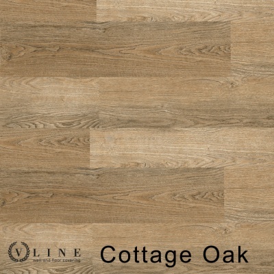 Pavimento com padrão em madeira carvalho castanha clara com texto V LINE Cottage Oak.