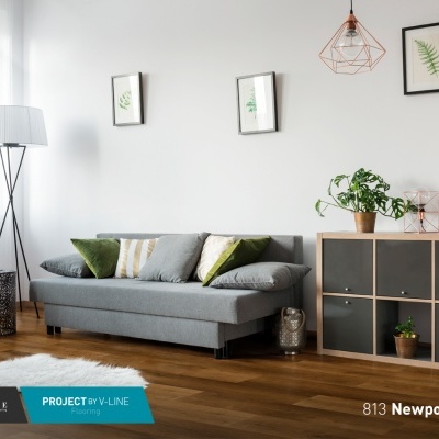 Sala de estar com sofá cinzento, candeeiro de pé, quadros de folhas, estante em madeira Newport Oak e plantas