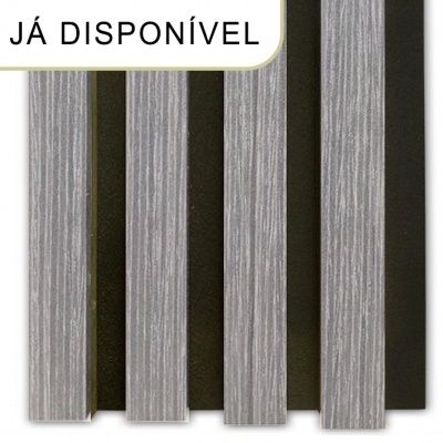 amostra de ripas de madeira cinza com texto 'JÁ DISPONÍVEL'