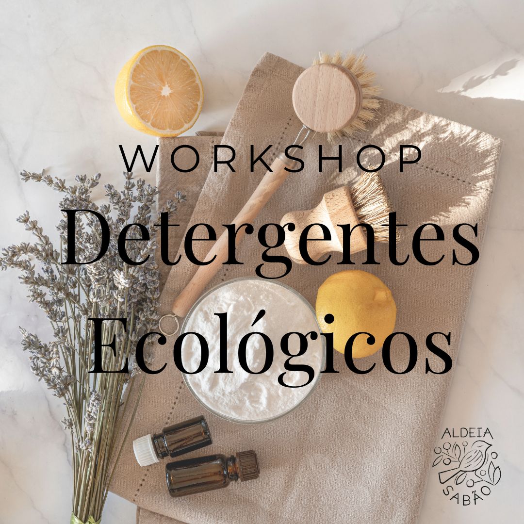 Workshop Detergentes Ecológicos - 13 de Junho de 2026 Produtos ecológicos para detergentes com escovas de madeira, limão e flores secas, texto em português