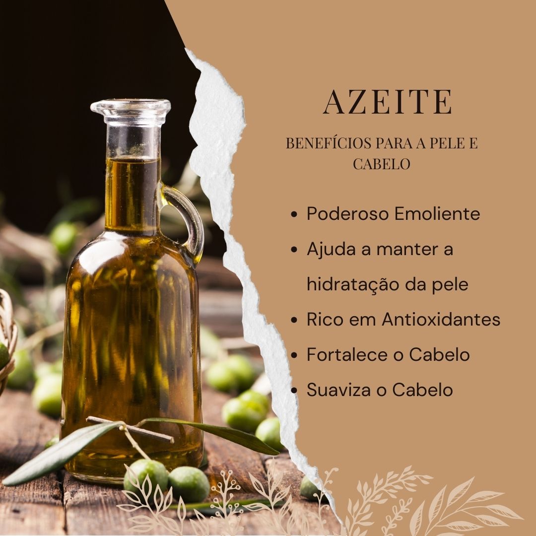 Frasco de vidro com azeite e listas de benefícios do azeite para pele e cabelo
