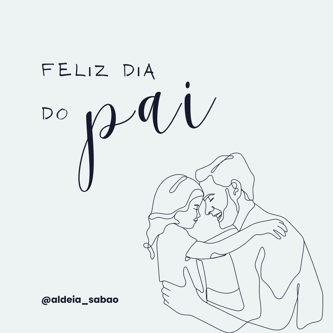 Desenho linha contínua de pai e filho a abraçar com texto Feliz Dia do Pai