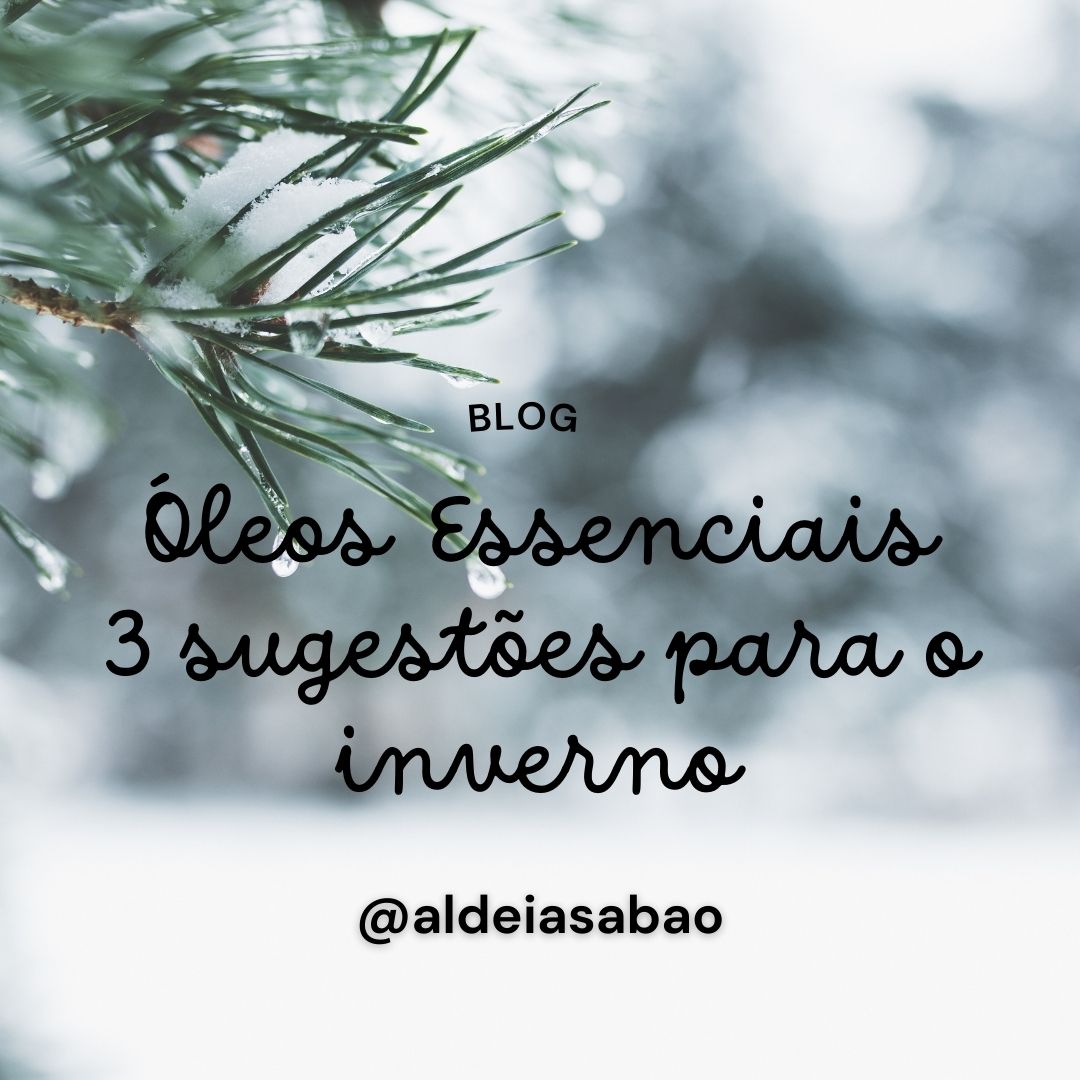 Ramo de pinheiro com neve desfocada ao fundo e texto sobre sugestões de óleos essenciais para o inverno.