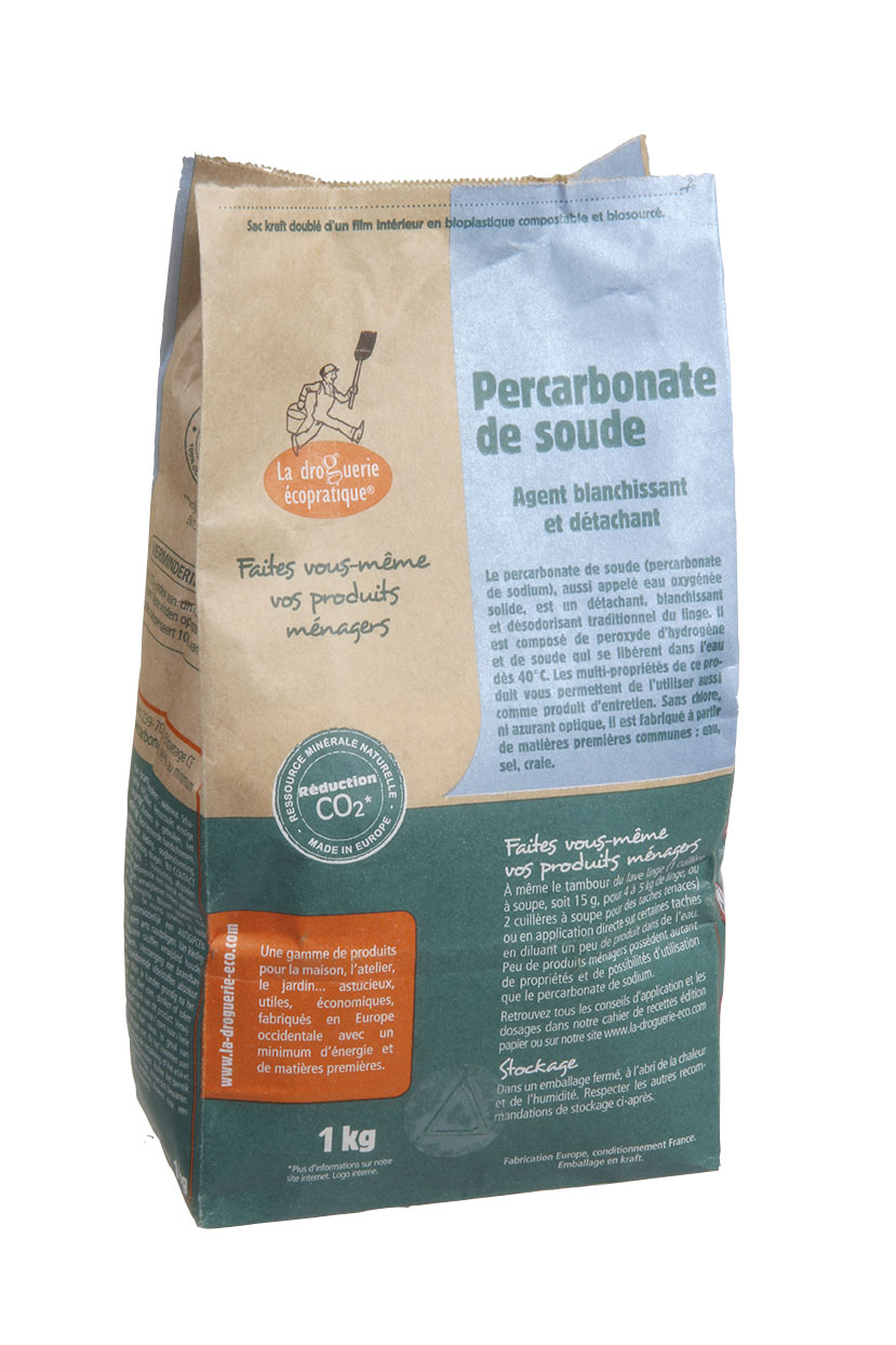 Percarbonato de Sódio (1 Kg) Embalagem de percarbonato de sódio para limpeza em saco de papel reciclável com texto em francês