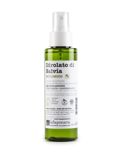 Hidrolato de Salva biológico Frasco spray verde com rótulo branco e tampa branca