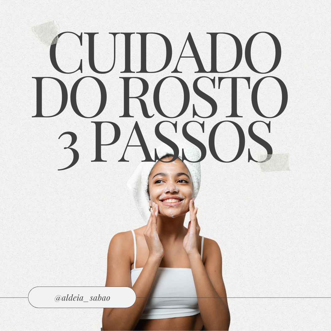 Rotina de beleza em 3 passos Mulher com faixa no cabelo aplica creme no rosto, texto sobre cuidados do rosto.